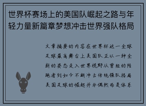 世界杯赛场上的美国队崛起之路与年轻力量新篇章梦想冲击世界强队格局