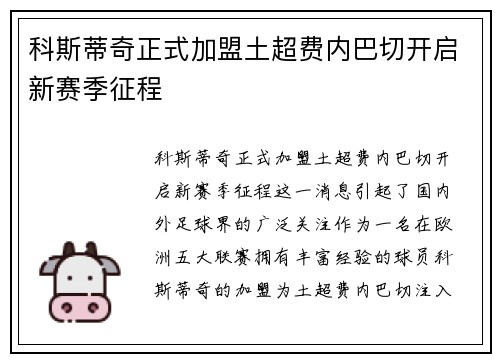 科斯蒂奇正式加盟土超费内巴切开启新赛季征程 科斯蒂奇正式加盟土超费内巴切开启新赛季征程